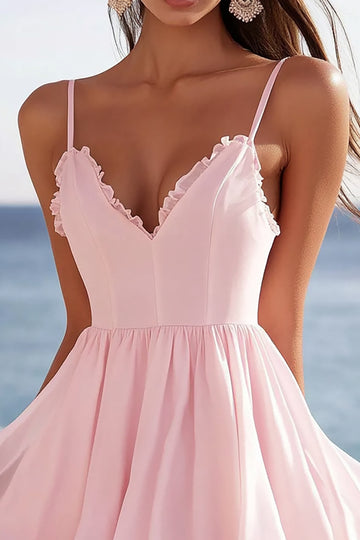 Pink Ruffled A Line Chiffon Graduation Dress